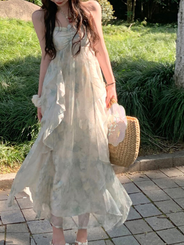Irregular Ruffled Midi Dress Summer Women Sleeveless Beach Style Chiffon Casual Dress A1