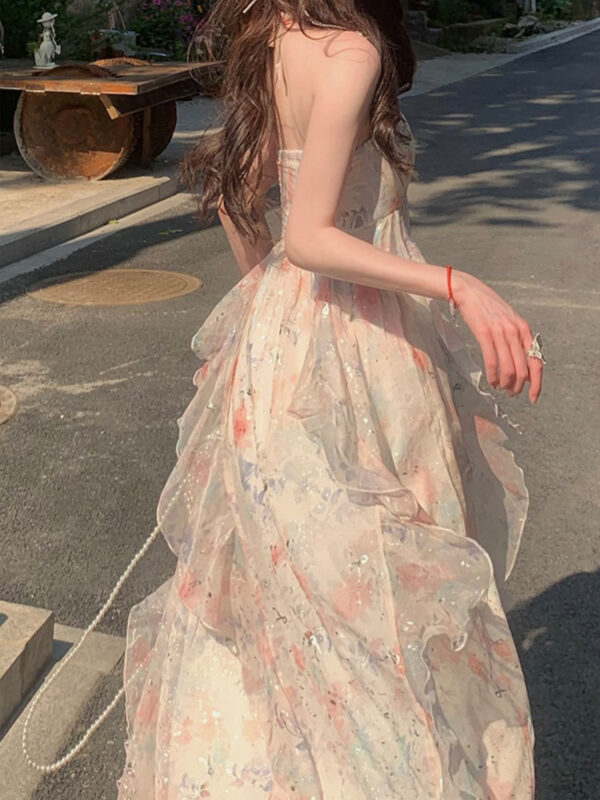 Irregular Ruffled Midi Dress Summer Women Sleeveless Beach Style Chiffon Casual Dress